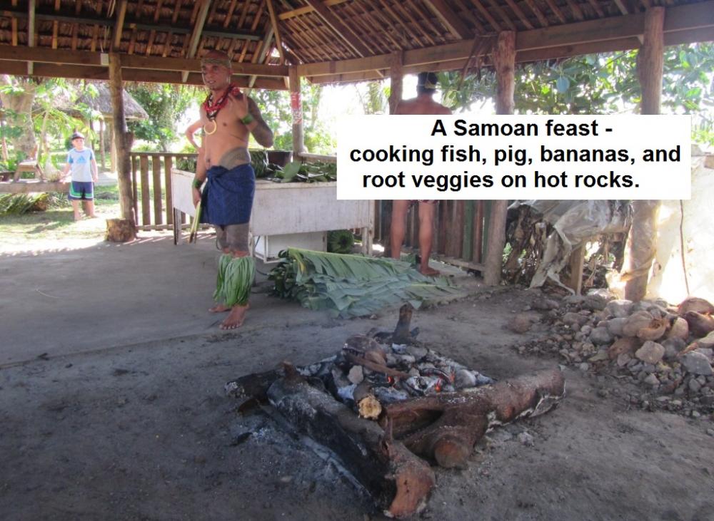A Samoan Feast includes cooking pig, fish, bananas, and root veggies on hot rocks.
